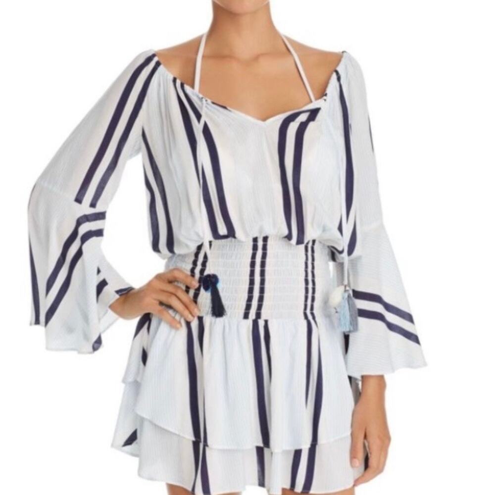 Surf Gypsy Navy and White Stripe Flounce Sleeve Smocked Waist Dress Size Small